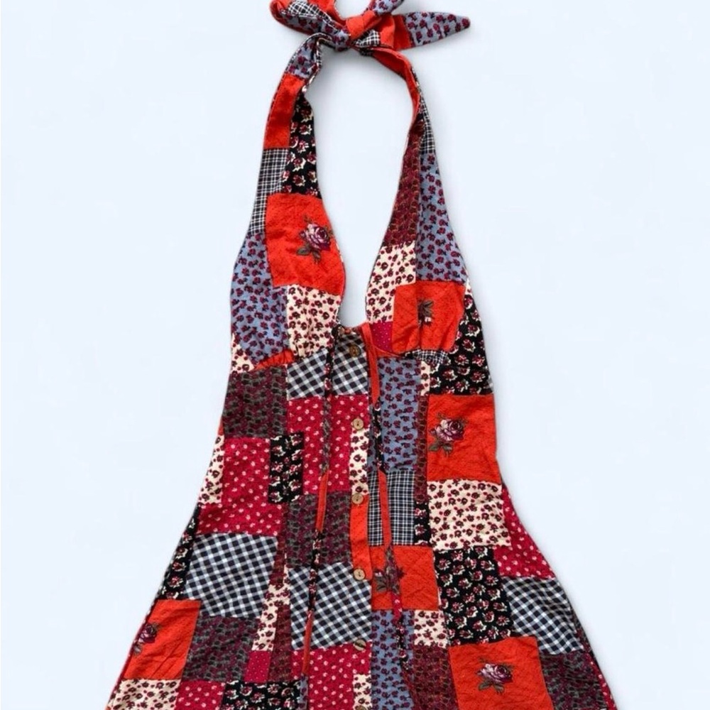 Cider Patchwork Cotton Button Down Halter Midi Dr… - image 2